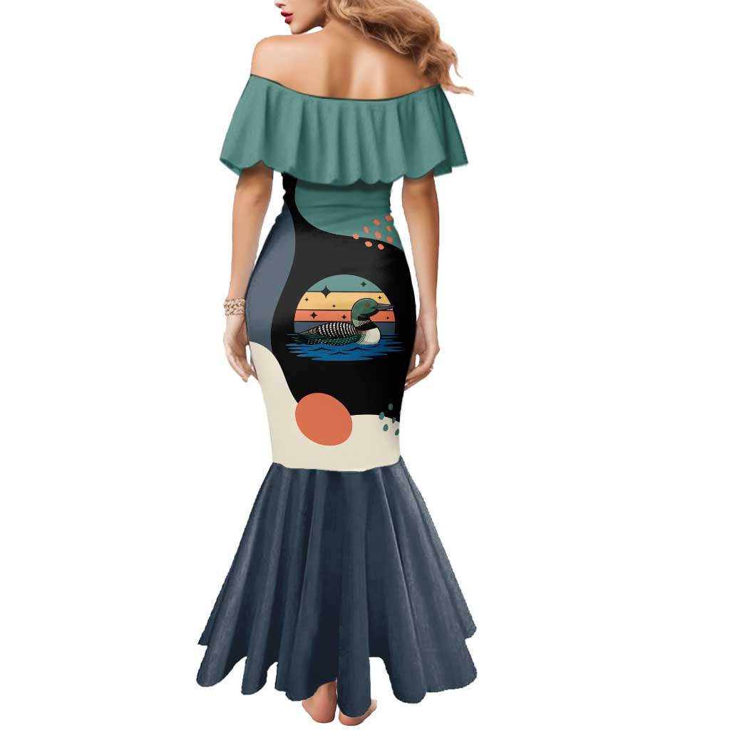 Stupid Canadian Wolf Bird Mermaid Dress with Retro Sunset Stripe Pattern