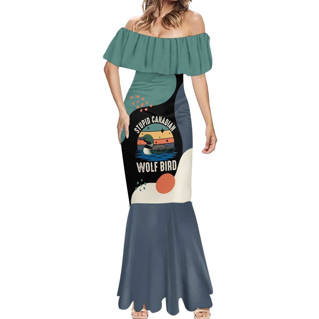 Stupid Canadian Wolf Bird Mermaid Dress with Retro Sunset Stripe Pattern