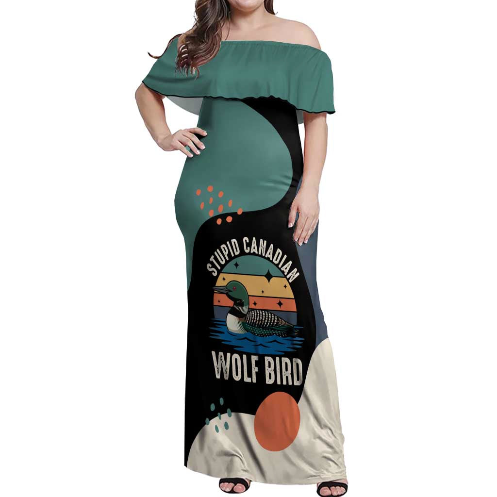 Stupid Canadian Wolf Bird Off Shoulder Maxi Dress with Retro Sunset Stripe Pattern