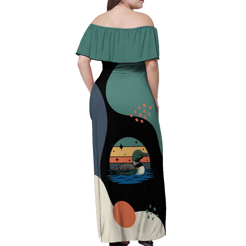 Stupid Canadian Wolf Bird Off Shoulder Maxi Dress with Retro Sunset Stripe Pattern