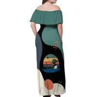 Stupid Canadian Wolf Bird Off Shoulder Maxi Dress with Retro Sunset Stripe Pattern