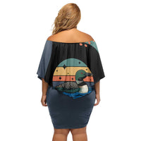 Stupid Canadian Wolf Bird Off Shoulder Short Dress with Retro Sunset Stripe Pattern