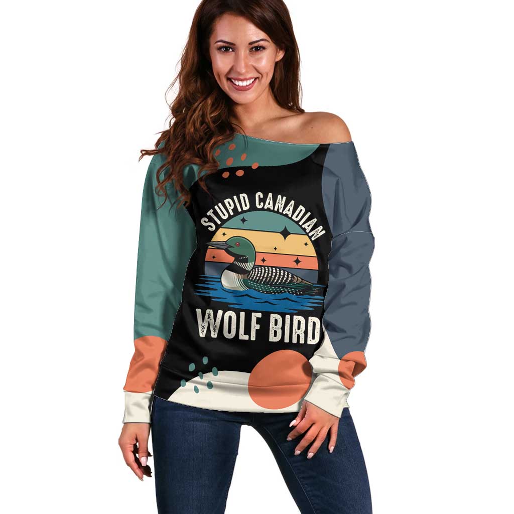 Stupid Canadian Wolf Bird Off Shoulder Sweater with Retro Sunset Stripe Pattern