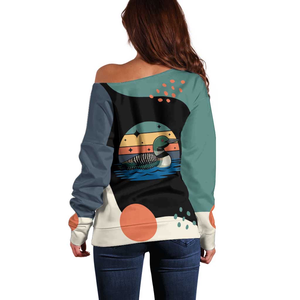 Stupid Canadian Wolf Bird Off Shoulder Sweater with Retro Sunset Stripe Pattern
