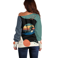 Stupid Canadian Wolf Bird Off Shoulder Sweater with Retro Sunset Stripe Pattern
