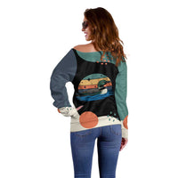 Stupid Canadian Wolf Bird Off Shoulder Sweater with Retro Sunset Stripe Pattern