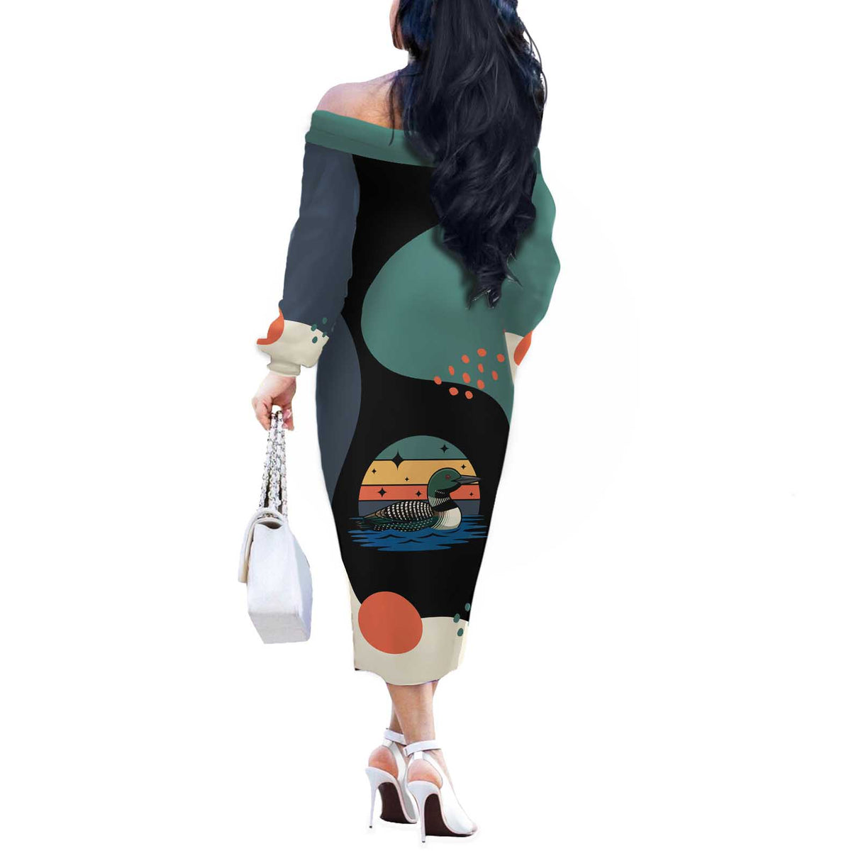 Stupid Canadian Wolf Bird Off The Shoulder Long Sleeve Dress with Retro Sunset Stripe Pattern