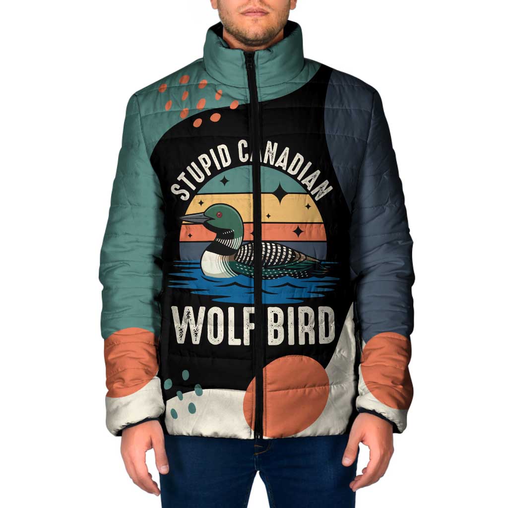 Stupid Canadian Wolf Bird Padded Jacket with Retro Sunset Stripe Pattern