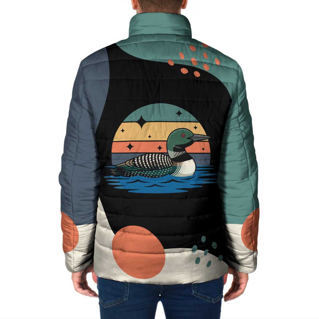 Stupid Canadian Wolf Bird Padded Jacket with Retro Sunset Stripe Pattern