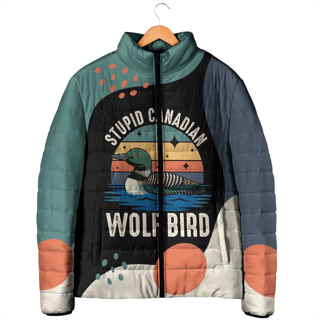 Stupid Canadian Wolf Bird Padded Jacket with Retro Sunset Stripe Pattern