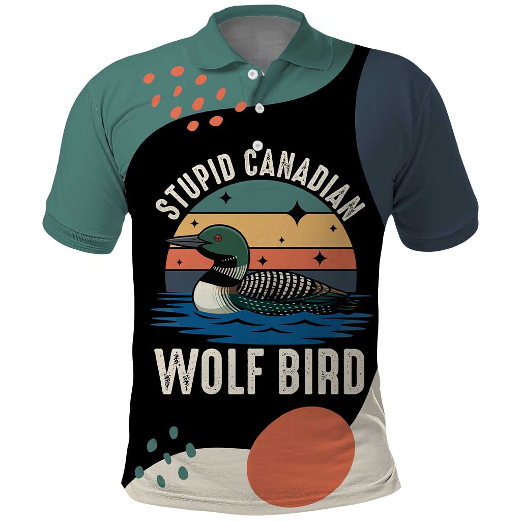 Stupid Canadian Wolf Bird Polo Shirt with Retro Sunset Stripe Pattern