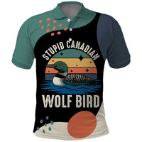 Stupid Canadian Wolf Bird Polo Shirt with Retro Sunset Stripe Pattern