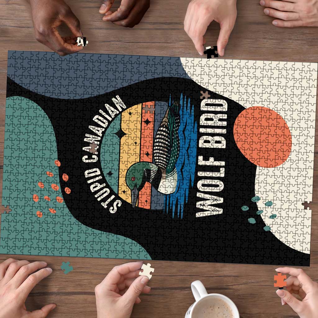 Stupid Canadian Wolf Bird Puzzle with Retro Sunset Stripe Pattern