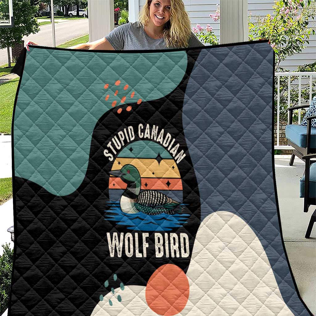 Stupid Canadian Wolf Bird Quilt with Retro Sunset Stripe Pattern