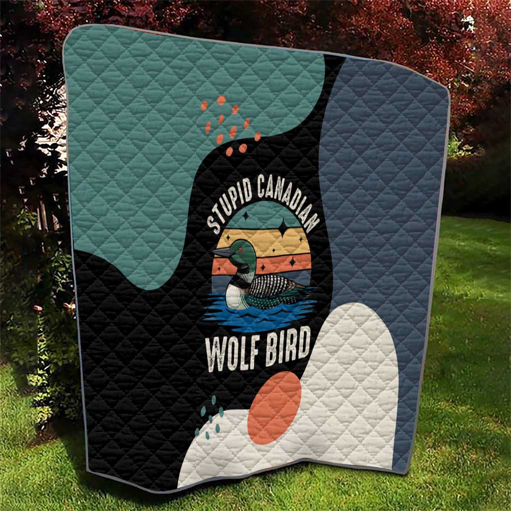 Stupid Canadian Wolf Bird Quilt with Retro Sunset Stripe Pattern