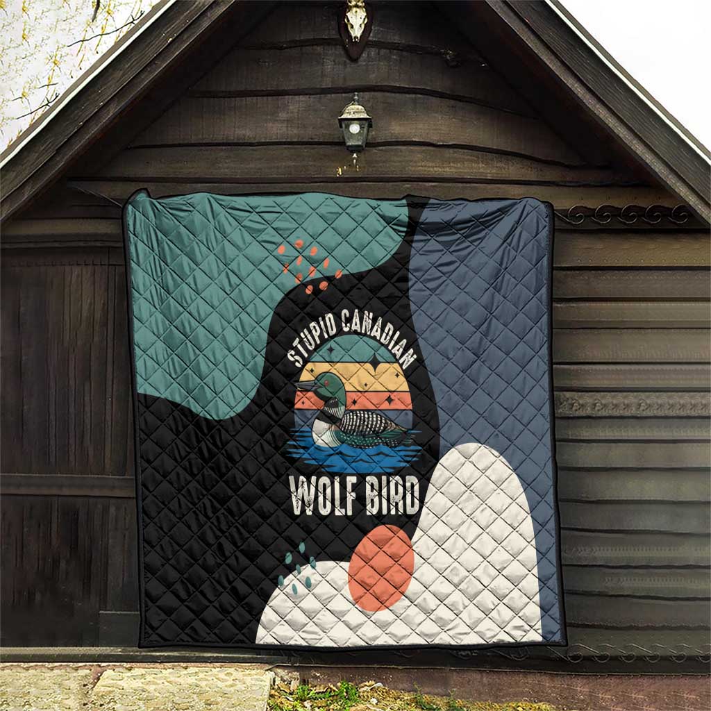Stupid Canadian Wolf Bird Quilt with Retro Sunset Stripe Pattern