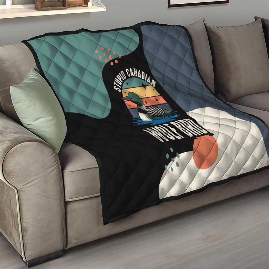 Stupid Canadian Wolf Bird Quilt with Retro Sunset Stripe Pattern