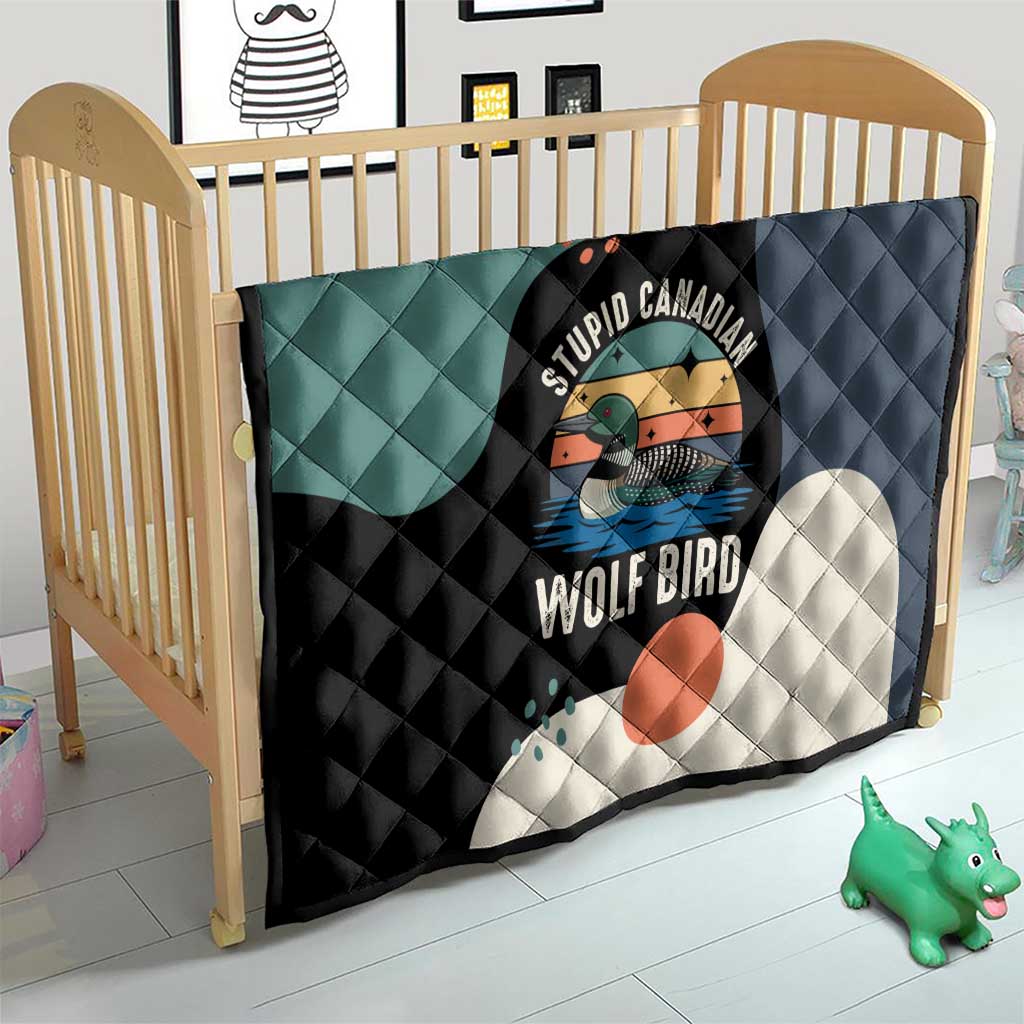 Stupid Canadian Wolf Bird Quilt with Retro Sunset Stripe Pattern