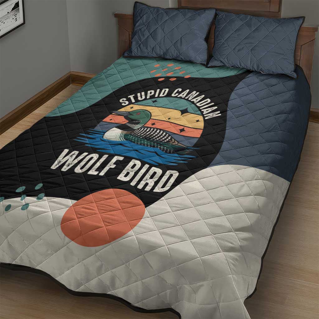 Stupid Canadian Wolf Bird Quilt Bed Set with Retro Sunset Stripe Pattern