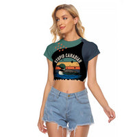 Stupid Canadian Wolf Bird Raglan Cropped T Shirt with Retro Sunset Stripe Pattern