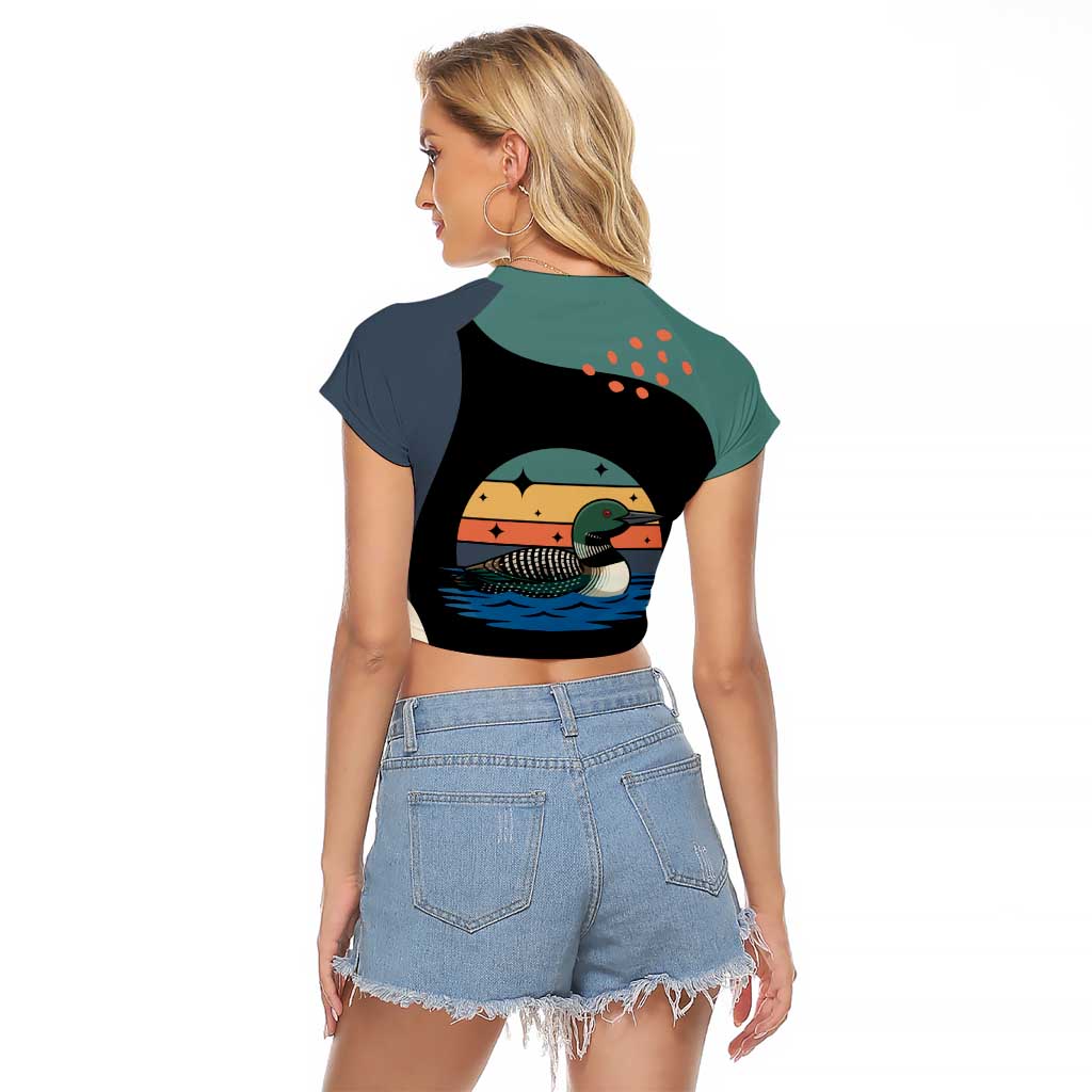 Stupid Canadian Wolf Bird Raglan Cropped T Shirt with Retro Sunset Stripe Pattern