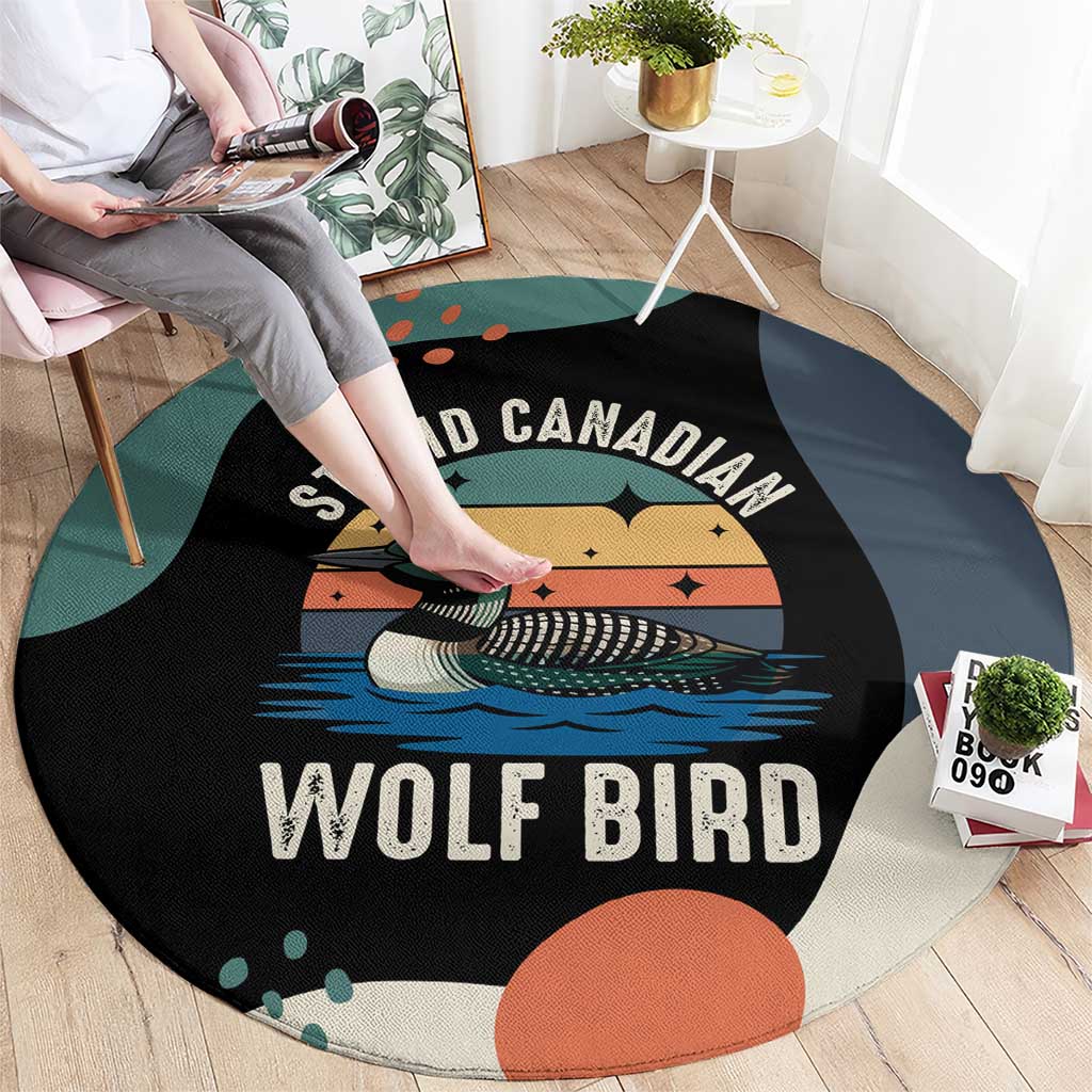 Stupid Canadian Wolf Bird Round Carpet with Retro Sunset Stripe Pattern
