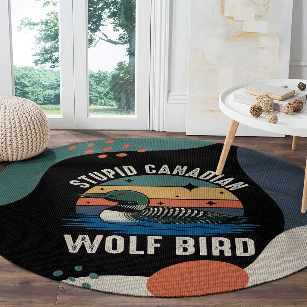 Stupid Canadian Wolf Bird Round Carpet with Retro Sunset Stripe Pattern