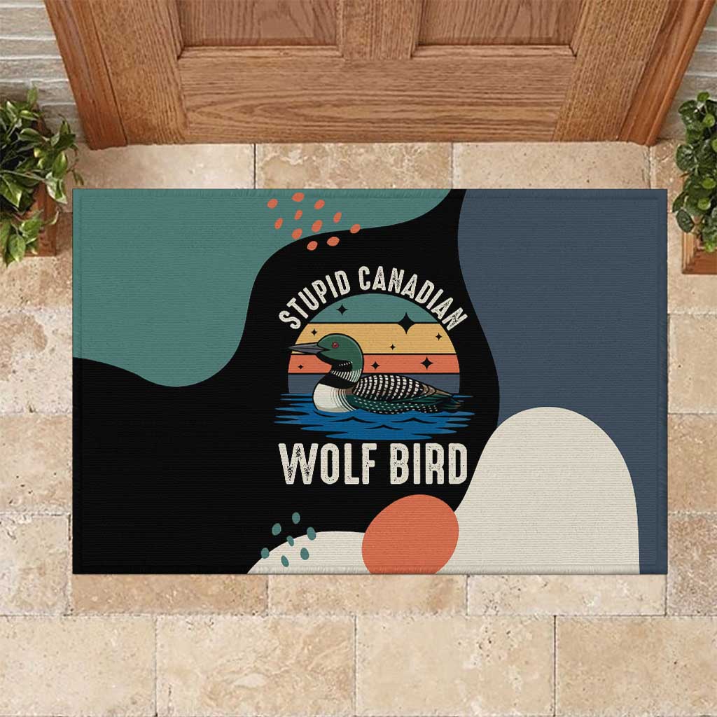Stupid Canadian Wolf Bird Rubber Doormat with Retro Sunset Stripe Pattern