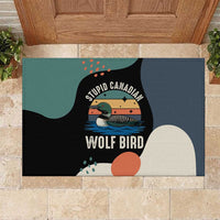 Stupid Canadian Wolf Bird Rubber Doormat with Retro Sunset Stripe Pattern