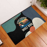 Stupid Canadian Wolf Bird Rubber Doormat with Retro Sunset Stripe Pattern