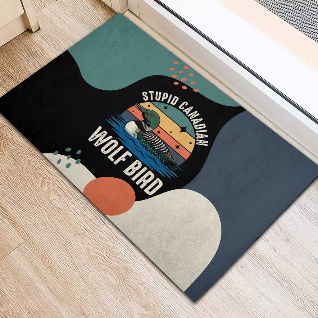 Stupid Canadian Wolf Bird Rubber Doormat with Retro Sunset Stripe Pattern