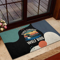 Stupid Canadian Wolf Bird Rubber Doormat with Retro Sunset Stripe Pattern