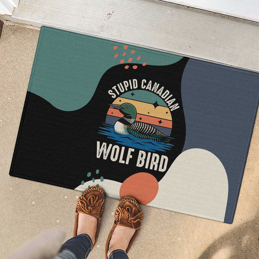 Stupid Canadian Wolf Bird Rubber Doormat with Retro Sunset Stripe Pattern