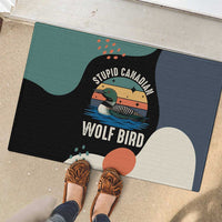 Stupid Canadian Wolf Bird Rubber Doormat with Retro Sunset Stripe Pattern