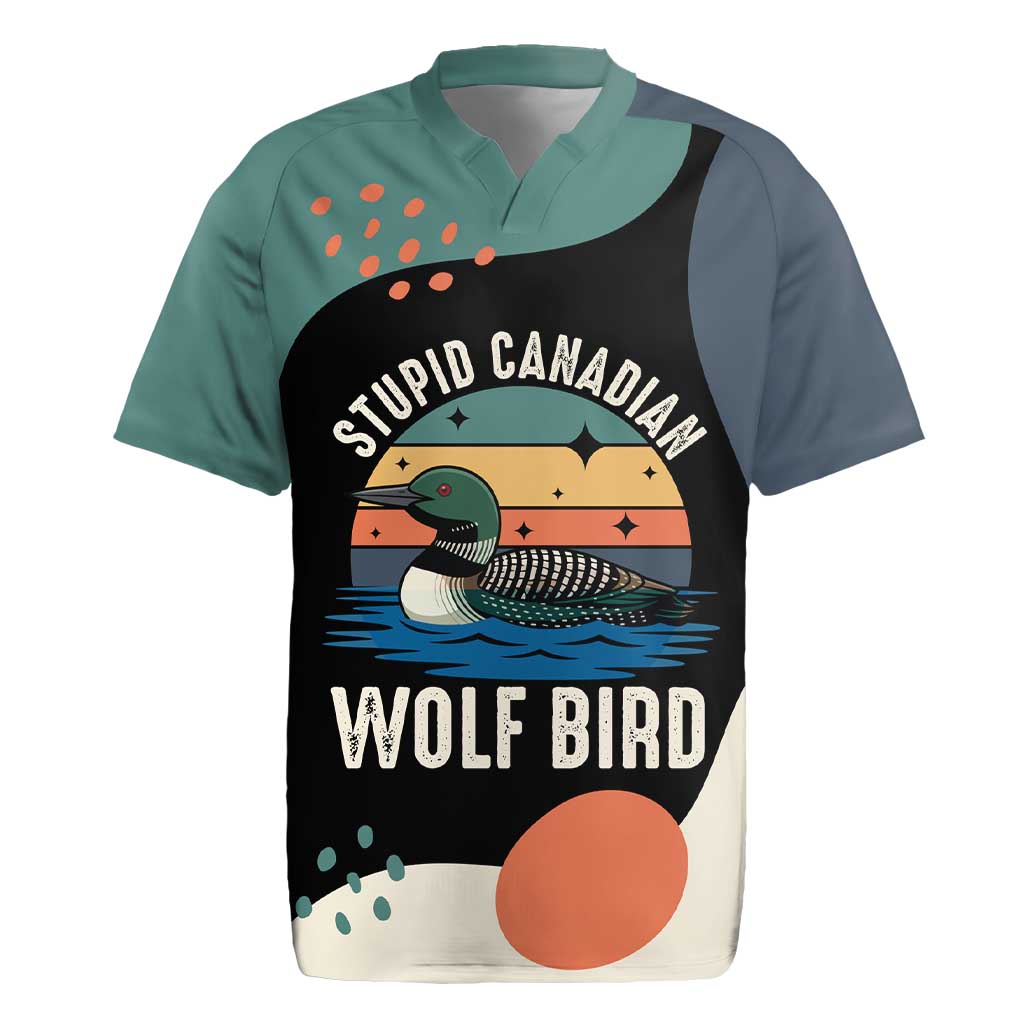 Stupid Canadian Wolf Bird Rugby Jersey with Retro Sunset Stripe Pattern