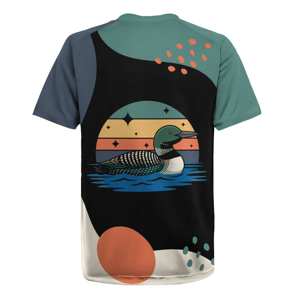 Stupid Canadian Wolf Bird Rugby Jersey with Retro Sunset Stripe Pattern