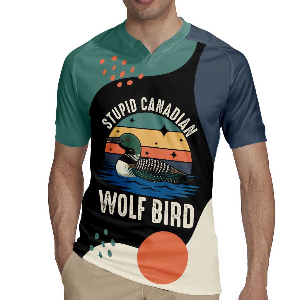 Stupid Canadian Wolf Bird Rugby Jersey with Retro Sunset Stripe Pattern