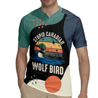 Stupid Canadian Wolf Bird Rugby Jersey with Retro Sunset Stripe Pattern
