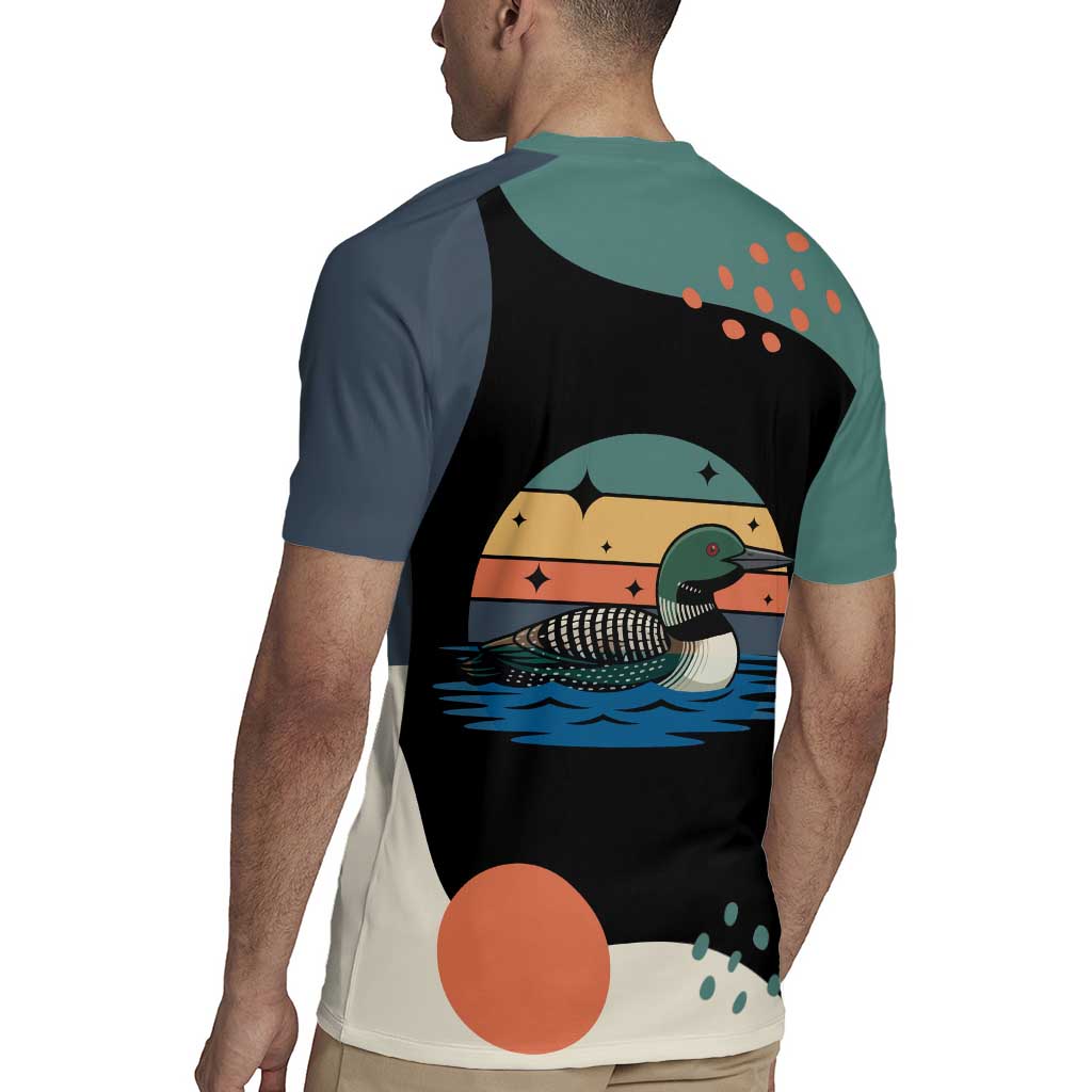 Stupid Canadian Wolf Bird Rugby Jersey with Retro Sunset Stripe Pattern