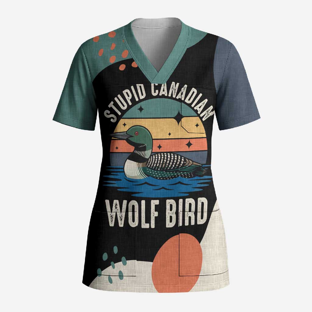 Stupid Canadian Wolf Bird Scrub Top with Retro Sunset Stripe Pattern