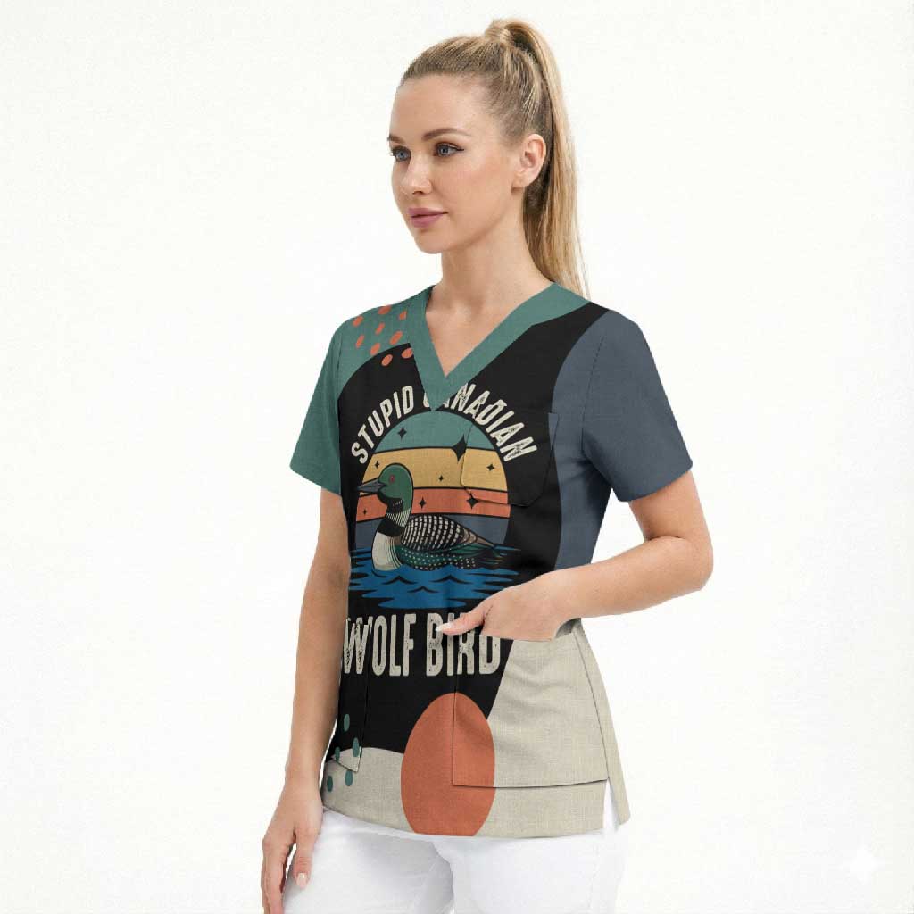 Stupid Canadian Wolf Bird Scrub Top with Retro Sunset Stripe Pattern