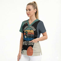 Stupid Canadian Wolf Bird Scrub Top with Retro Sunset Stripe Pattern