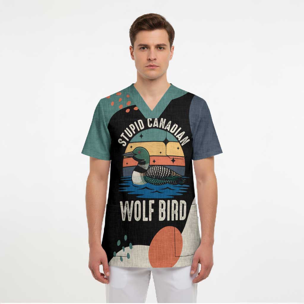 Stupid Canadian Wolf Bird Scrub Top with Retro Sunset Stripe Pattern