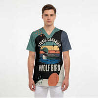 Stupid Canadian Wolf Bird Scrub Top with Retro Sunset Stripe Pattern