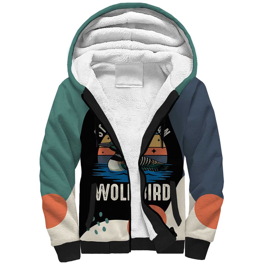 Stupid Canadian Wolf Bird Sherpa Hoodie with Retro Sunset Stripe Pattern