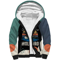 Stupid Canadian Wolf Bird Sherpa Hoodie with Retro Sunset Stripe Pattern