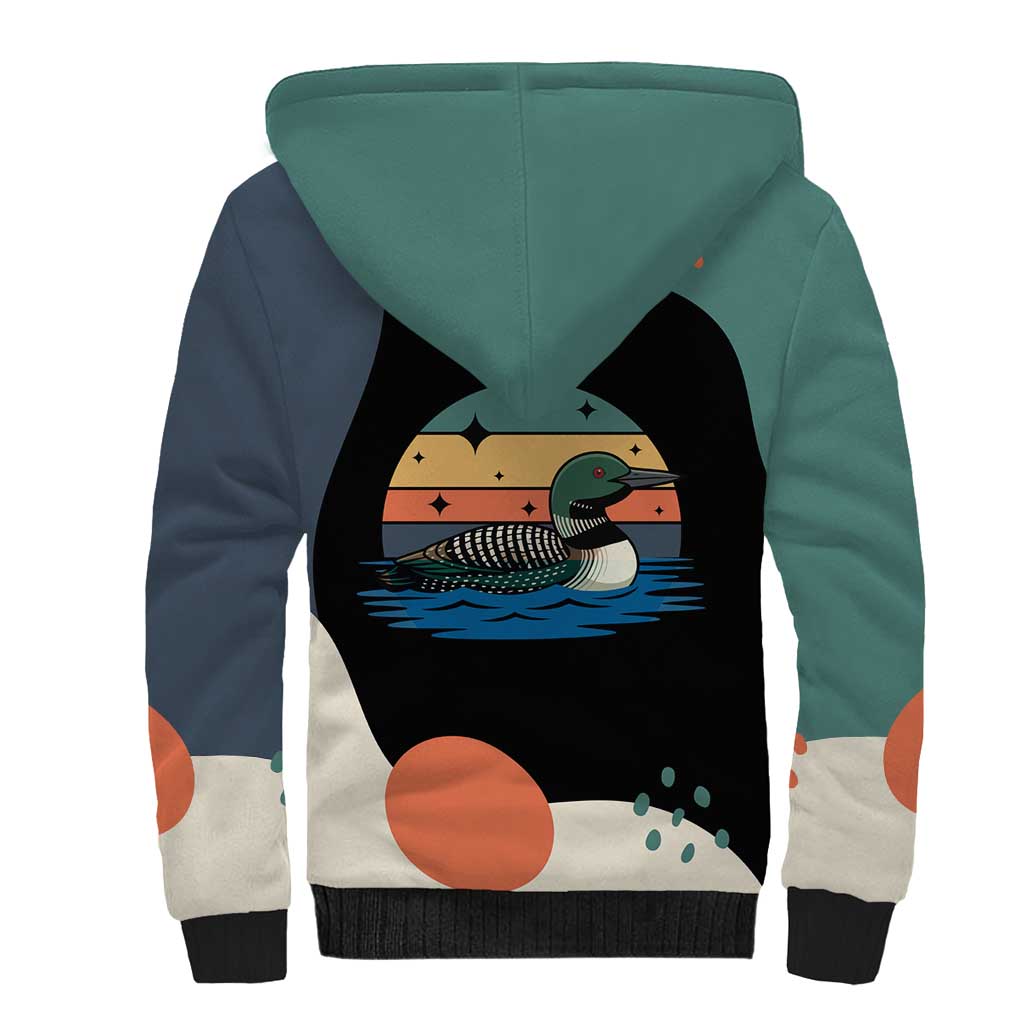 Stupid Canadian Wolf Bird Sherpa Hoodie with Retro Sunset Stripe Pattern