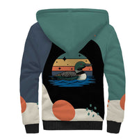 Stupid Canadian Wolf Bird Sherpa Hoodie with Retro Sunset Stripe Pattern