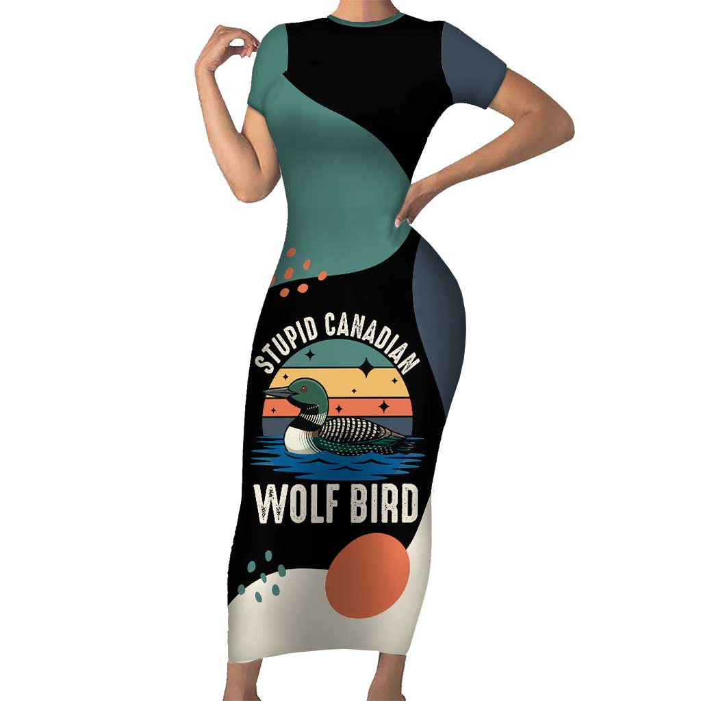 Stupid Canadian Wolf Bird Short Sleeve Bodycon Dress with Retro Sunset Stripe Pattern