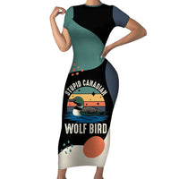 Stupid Canadian Wolf Bird Short Sleeve Bodycon Dress with Retro Sunset Stripe Pattern